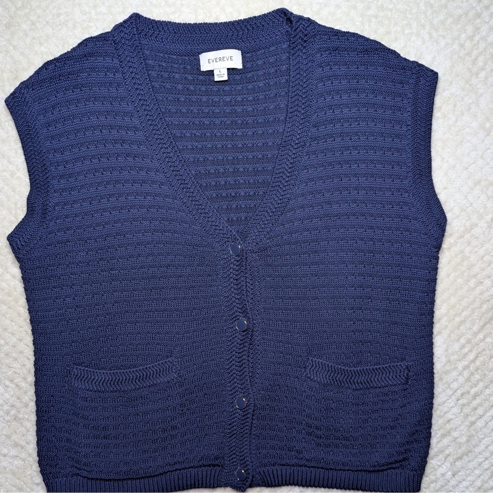 Evereve Knit Cardigan Vest Large L Navy‎ Blue Cotton Modal Button Front Pockets